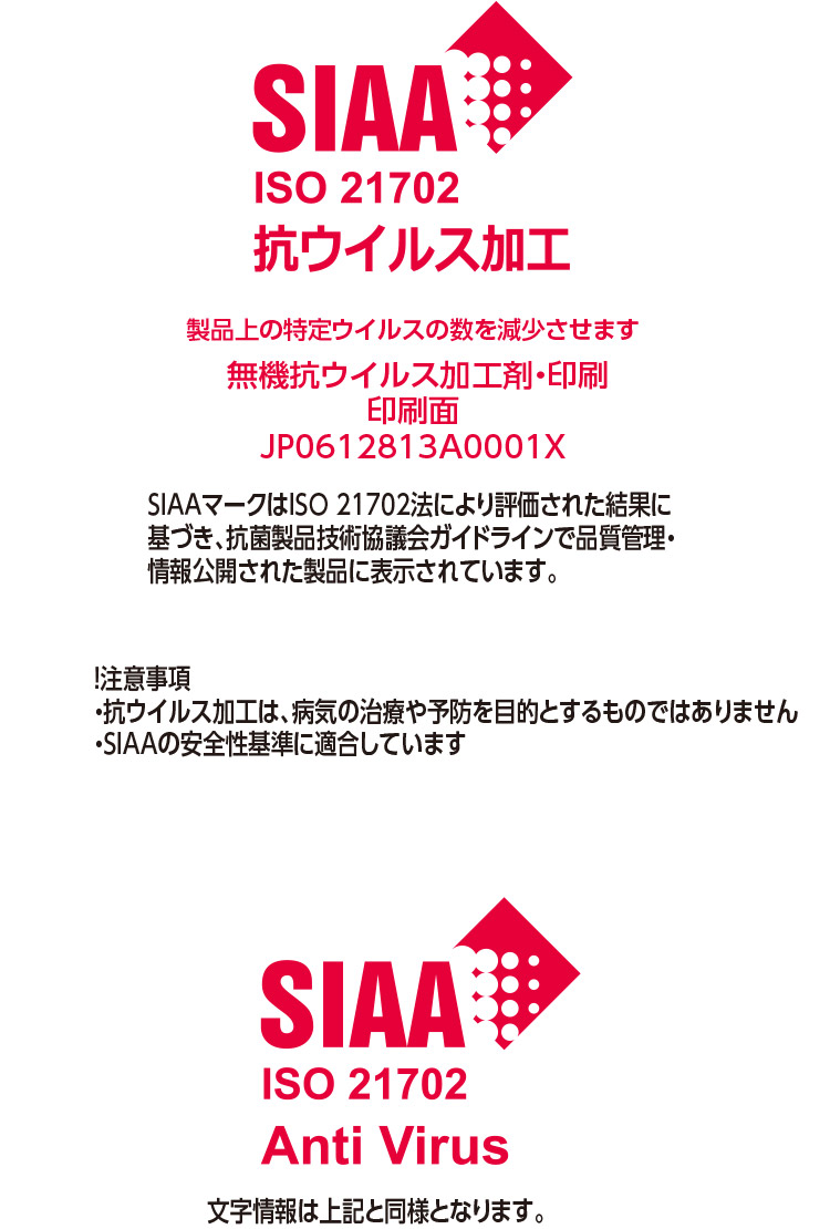 SIAA ISO 21072 抗ウイルス加工、SIAA ISO 21072 Anti Virus